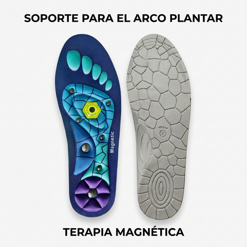 Plantillas de Masaje Magnéticas: vista superior con textura y puntos de masaje y vista inferior, soporte para el arco plantar