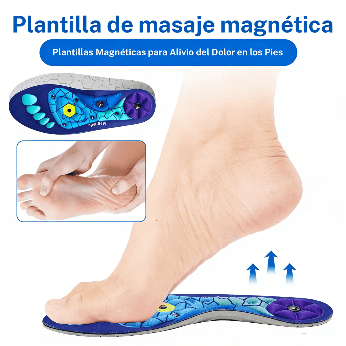 Pie apoyado sobre la plantilla magnética, con detalle de masaje en el pie